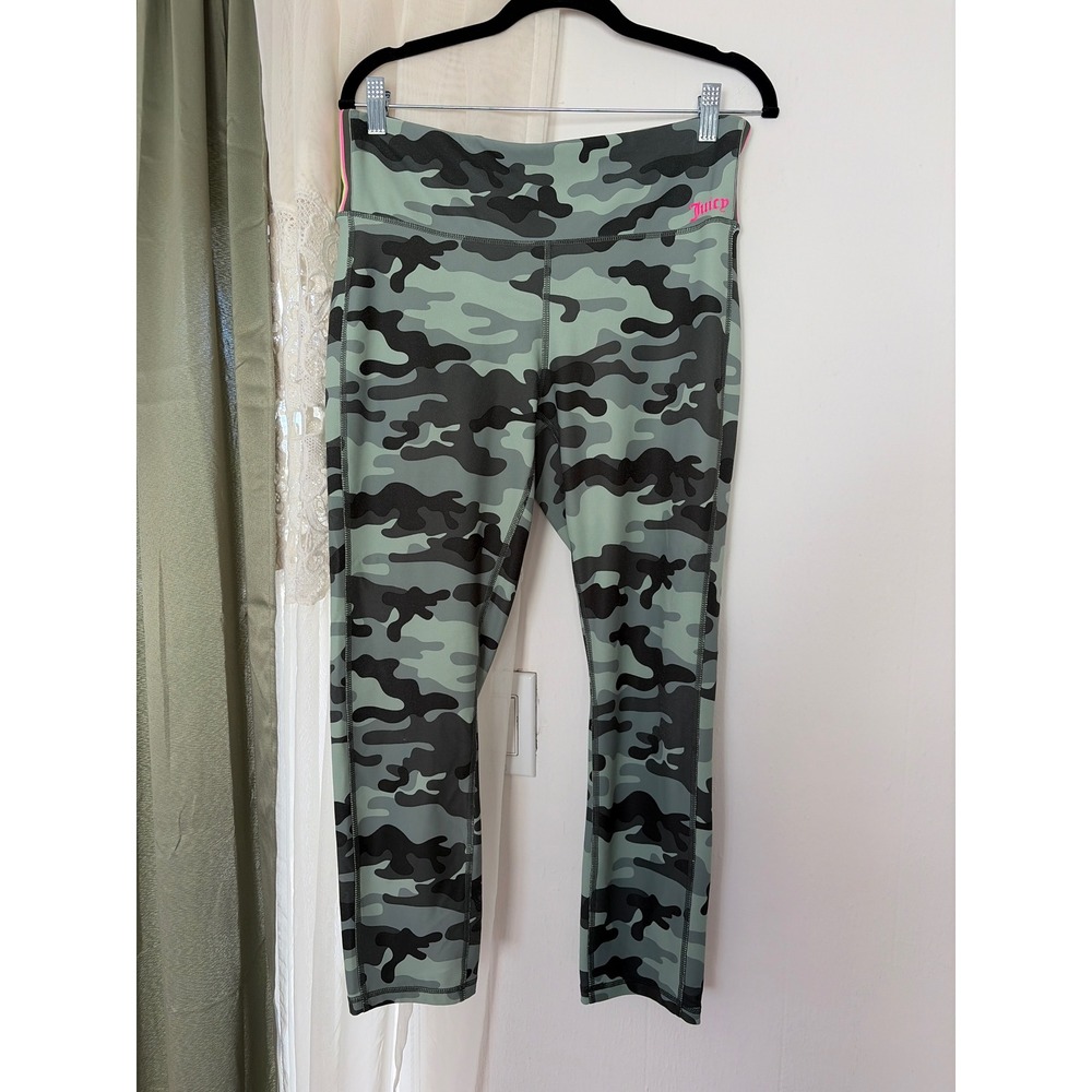Juicy‎ Couture Sport Leggings Women XL Green Camo Cropped High Rise Gym Workout